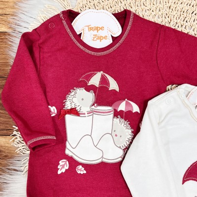 Kit 3 Peças - Bodys Manga Longa Porco Espinho com Guarda Chuva - Bordo, Areia e Off White